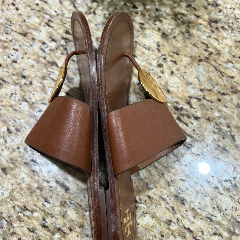 Tory Burch Patos Disk Brown Leather Flat Sandals 9.5